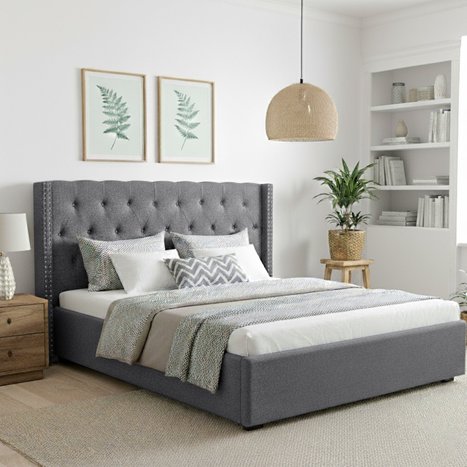 Artiss King Bed Frame Storage Tufted Headboard Gas Lift Base Grey-6