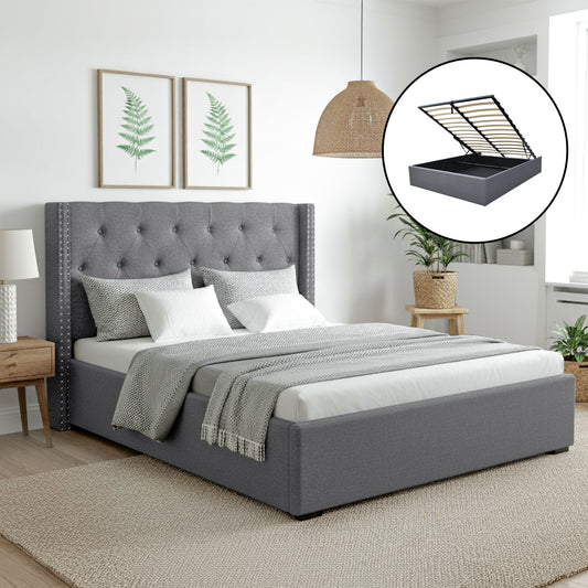 Artiss Queen Bed Frame Storage Tufted Headboard Gas Lift Base Grey-0