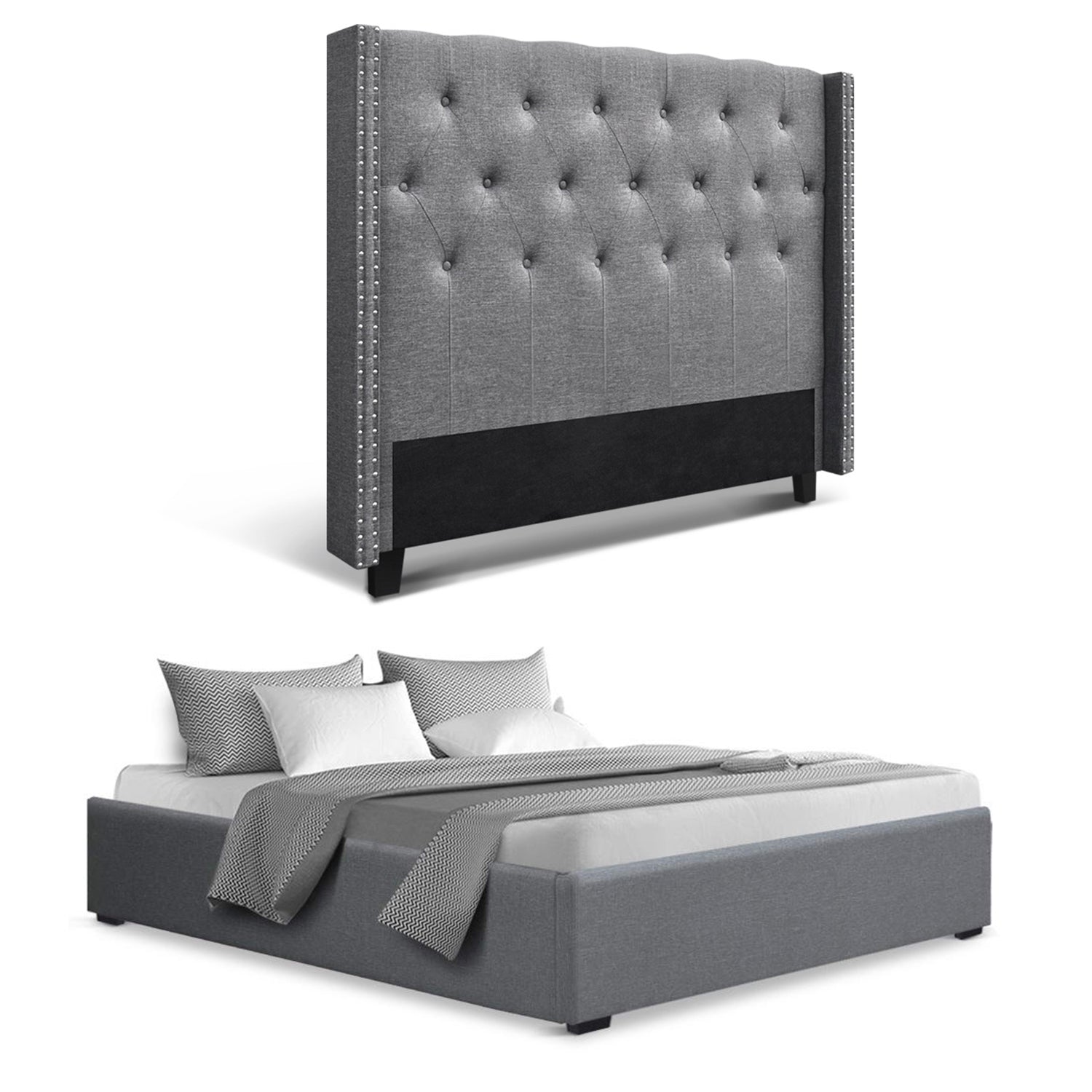 Artiss Queen Bed Frame Storage Tufted Headboard Gas Lift Base Grey-2