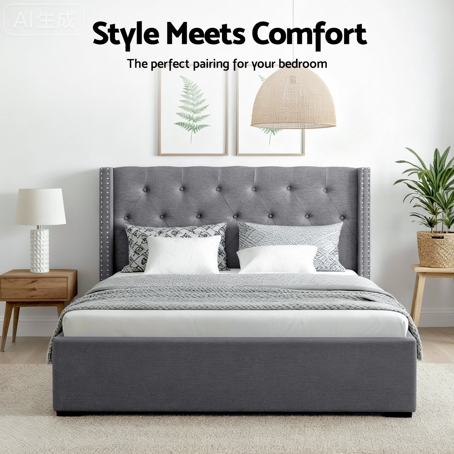 Artiss Queen Bed Frame Storage Tufted Headboard Gas Lift Base Grey-4