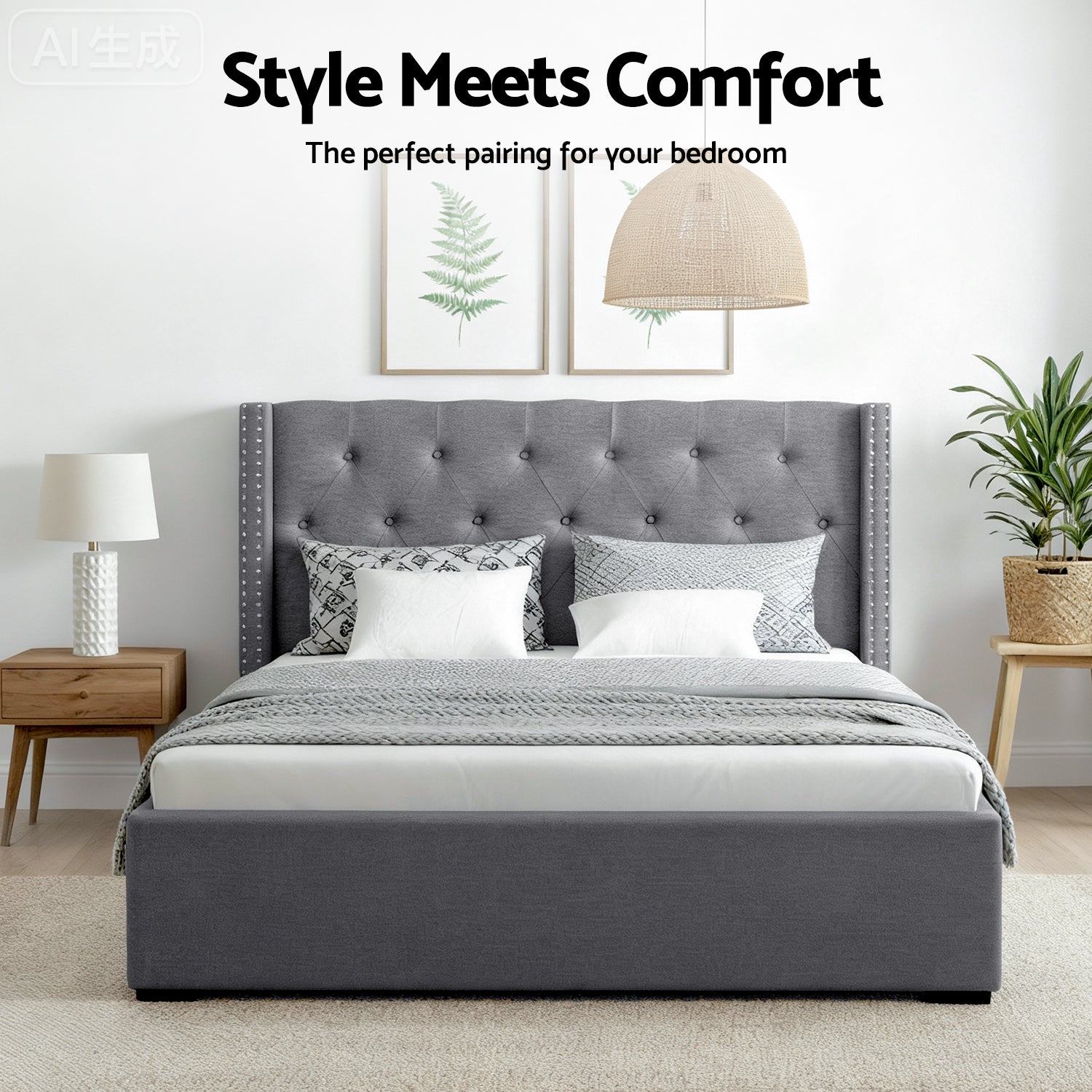 Artiss Queen Bed Frame Storage Tufted Headboard Gas Lift Base Grey-4