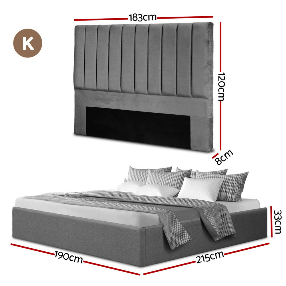 Artiss King Bed Frame with Storage Grey Velvet Headboard Gas Lift Platform Base-1