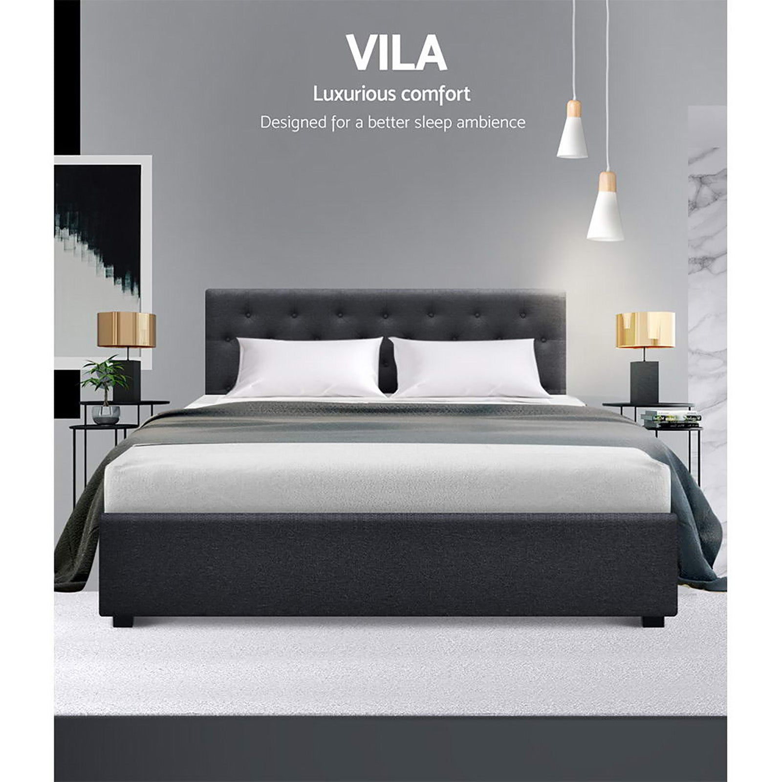 Artiss Bed Frame Queen Size Gas Lift Charcoal VILA-3