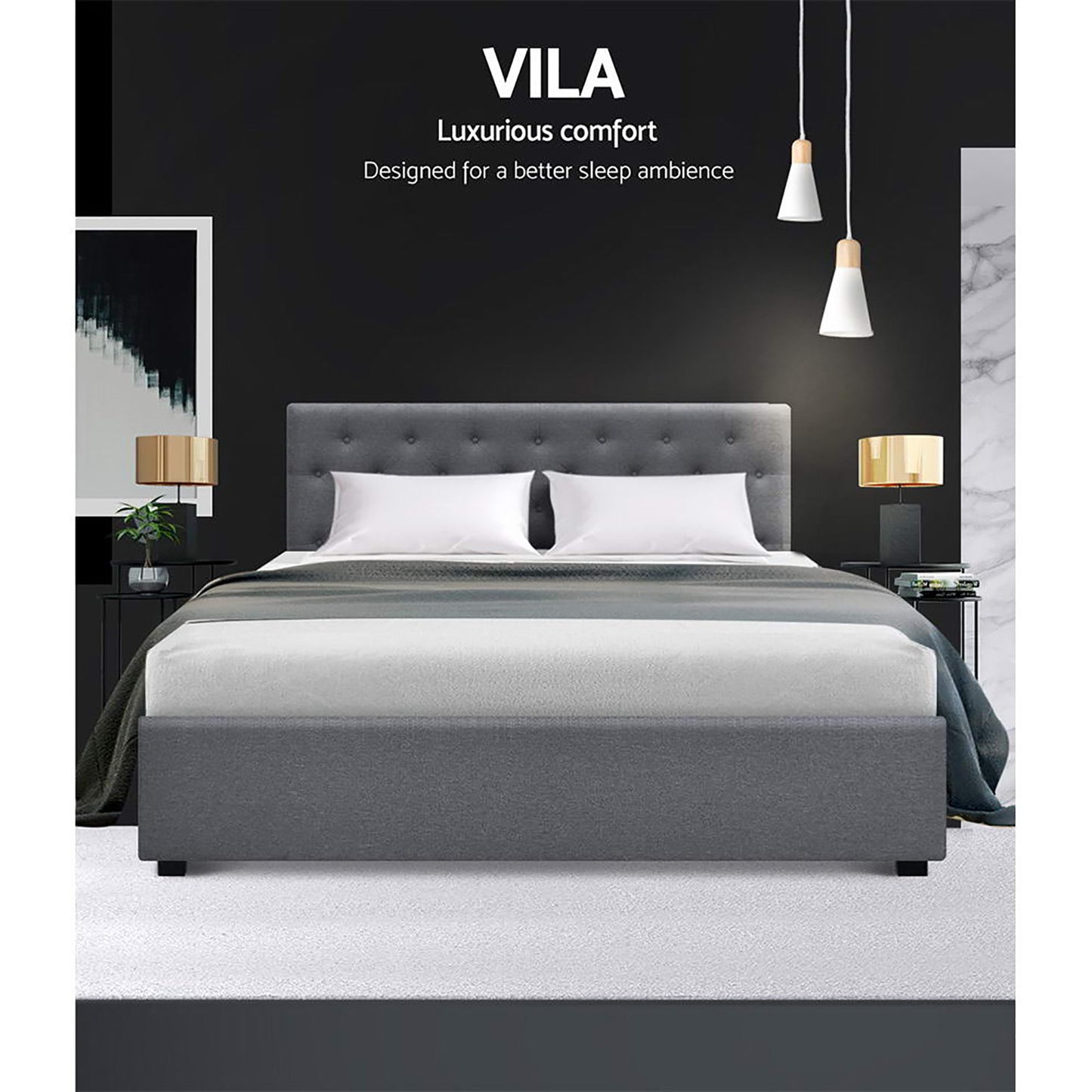 Artiss Bed Frame Queen Size Gas Lift Grey VILA-3