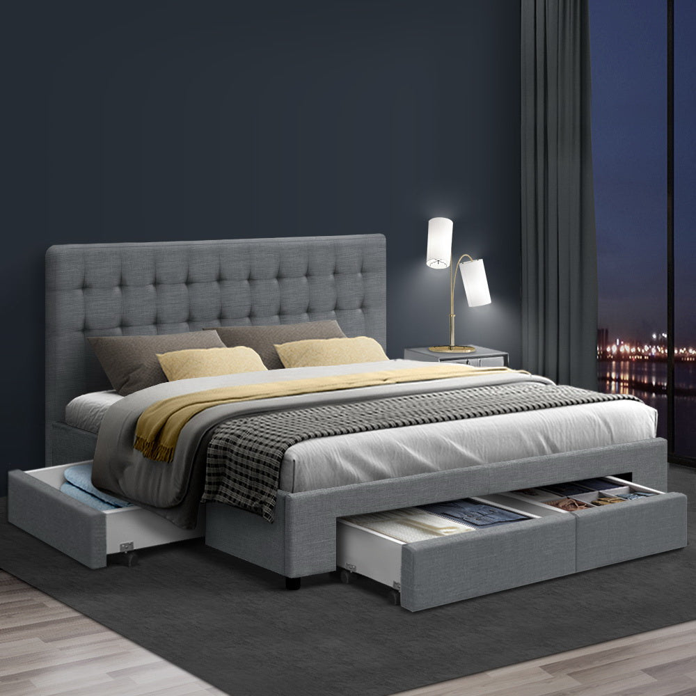 Artiss Bed Frame Queen Size with 4 Drawers Grey AVIO-6