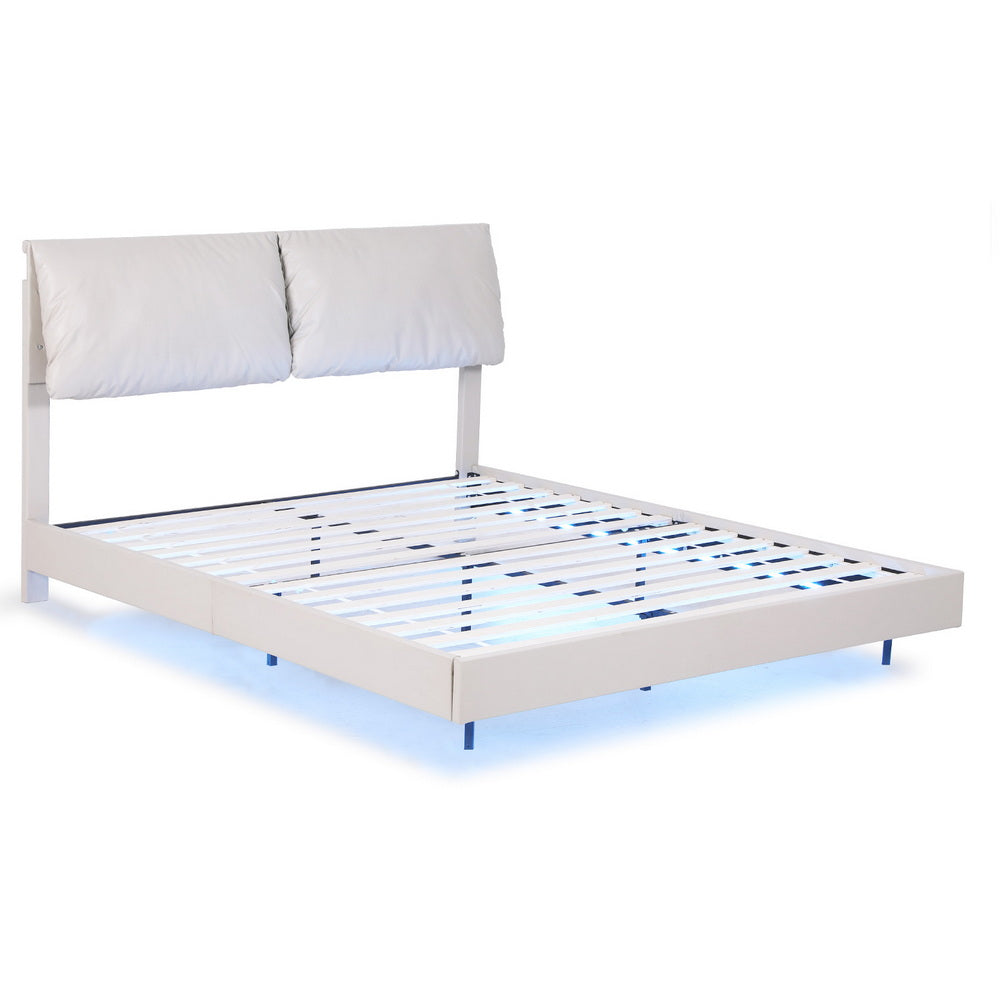 Artiss Queen Bed Frame RGB LED Floating Beds Adjustable Headboard Beige White-0