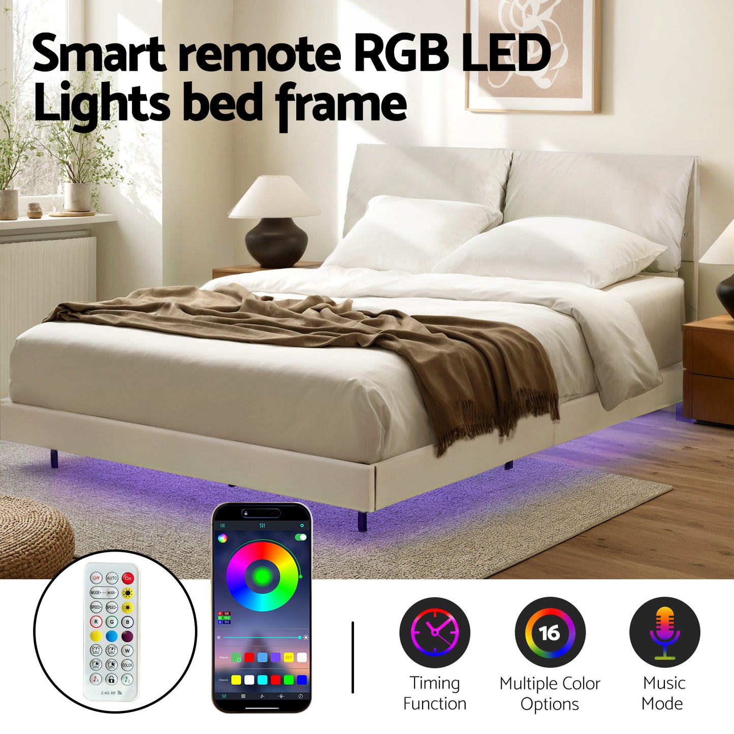 Artiss Queen Bed Frame RGB LED Floating Beds Adjustable Headboard Beige White-3
