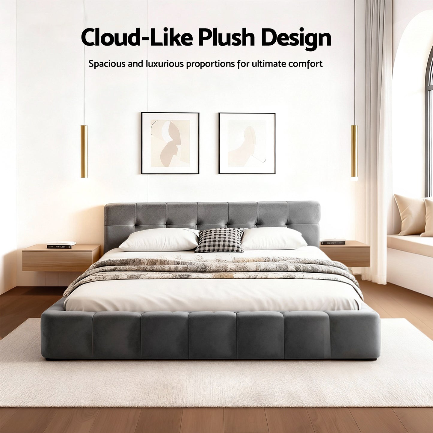 Artiss Double Size Bed Frame Plush Soft Headboard Velvet Platform Base for Modern Bedrooms Grey-2