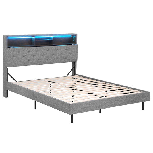 Artiss Bed Frame Double Size LED Mattress Base Platform with Storage Shelf Hidden Storage Box Grey-0