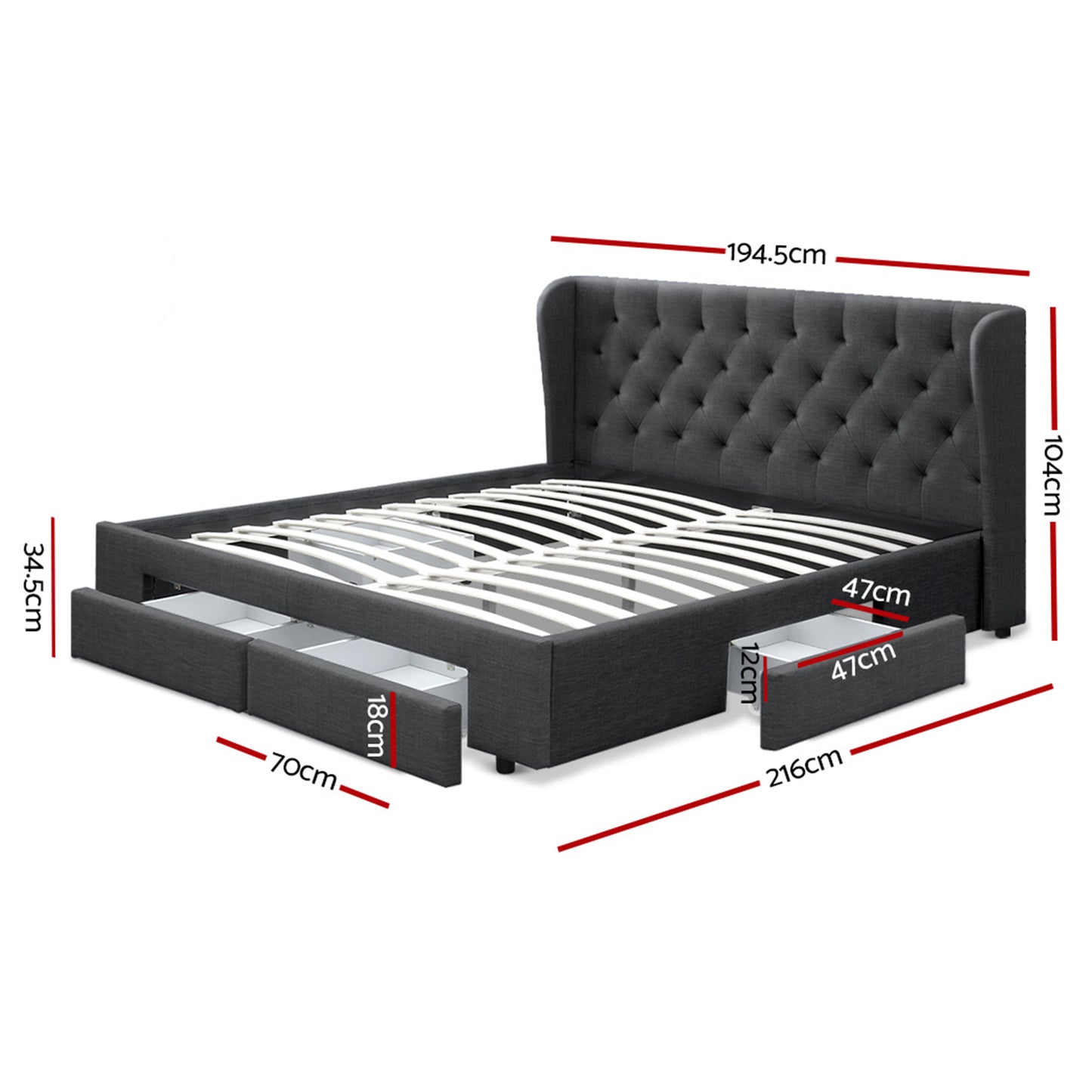 Artiss Bed Frame King Size with 4 Drawers Charcoal MILA-2