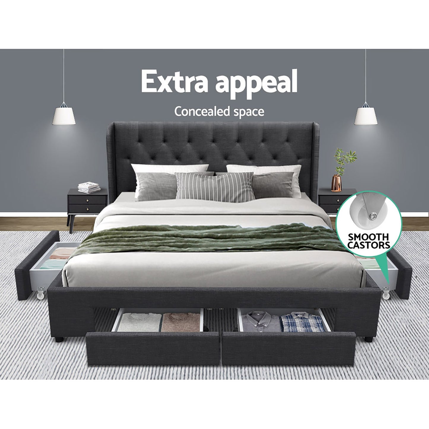 Artiss Bed Frame King Size with 4 Drawers Charcoal MILA-3