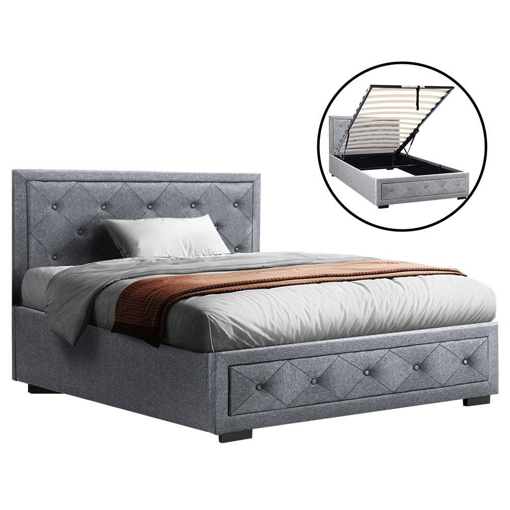 Artiss Bed Frame King Single Size Gas Lift Storage Mattress Base Wooden Grey-0