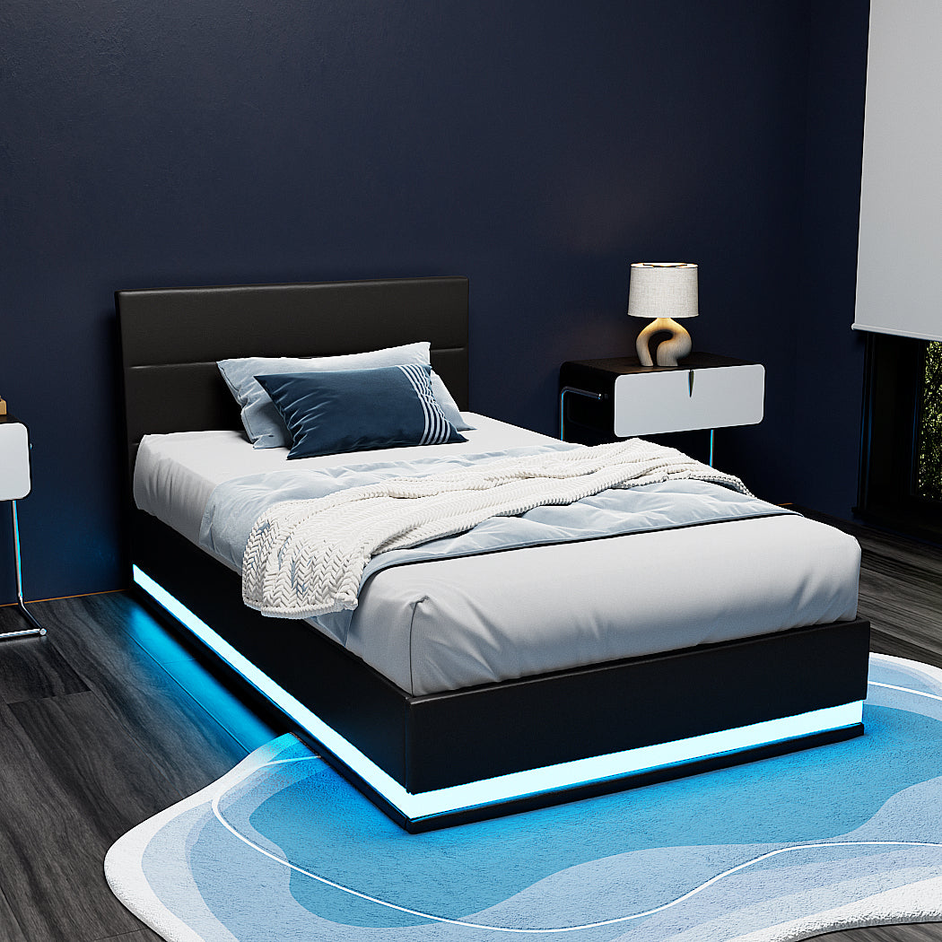 Artiss Bed Frame King Single Size LED Gas Lift Black LUMI-6