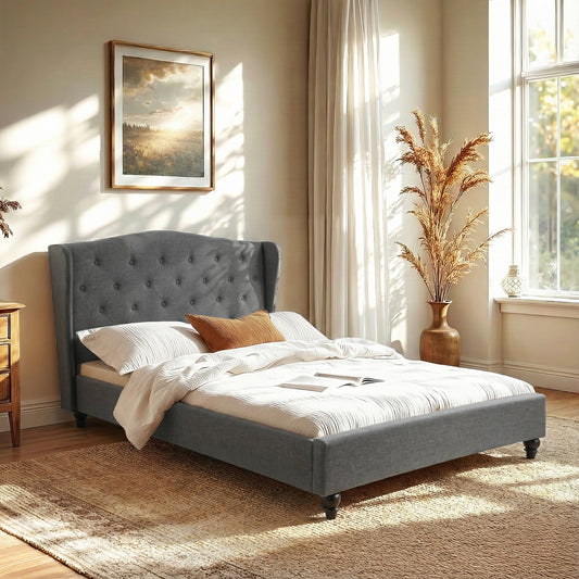 Artiss Double Bed Frame with Wingback Headboard Grey Linen Upholstered Platform Bed Base-0