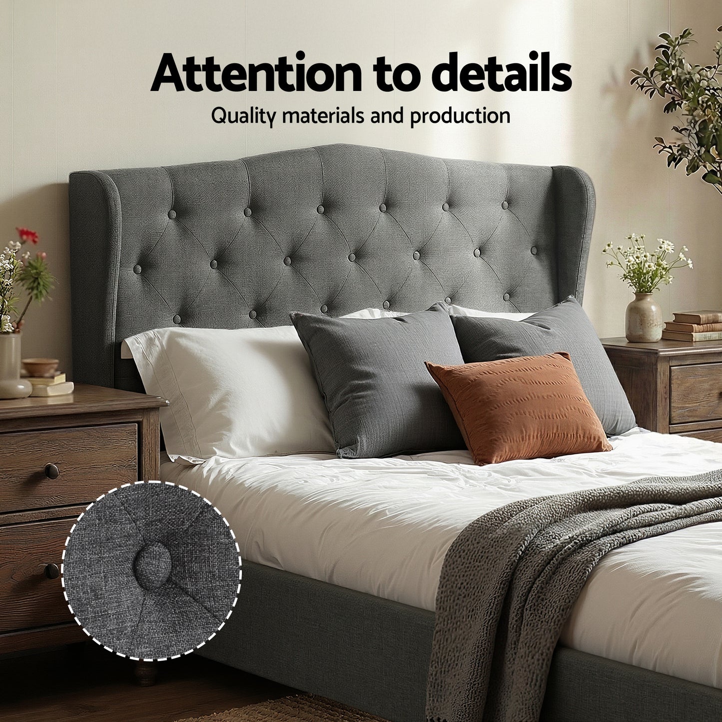 Artiss Double Bed Frame with Wingback Headboard Grey Linen Upholstered Platform Bed Base-3
