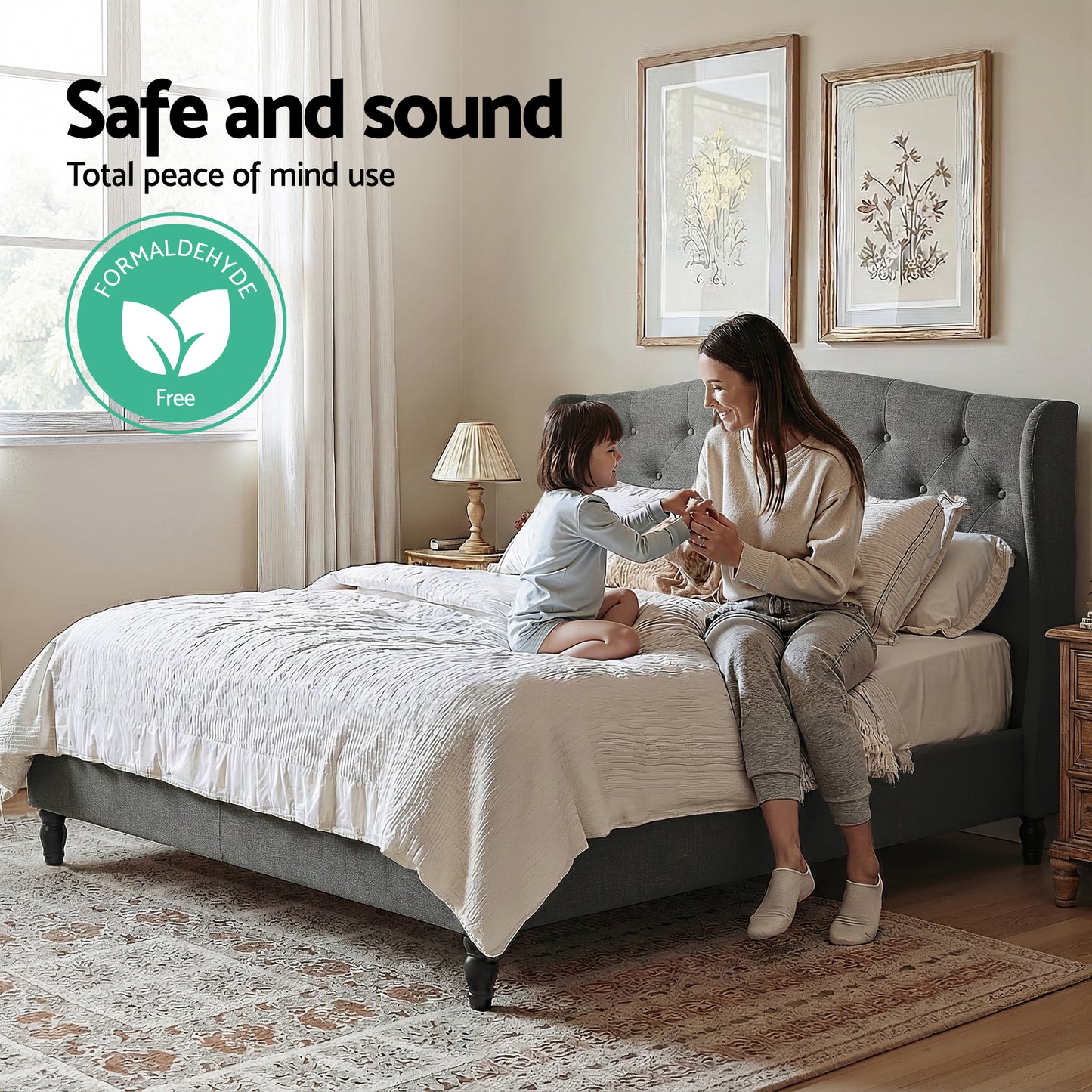 Artiss Double Bed Frame with Wingback Headboard Grey Linen Upholstered Platform Bed Base-4