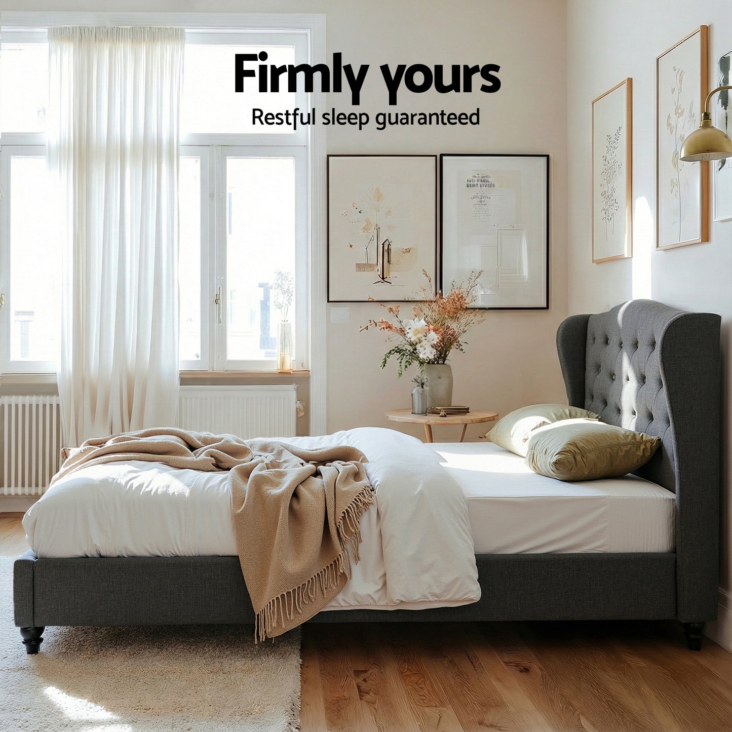 Artiss Double Bed Frame with Wingback Headboard Grey Linen Upholstered Platform Bed Base-5