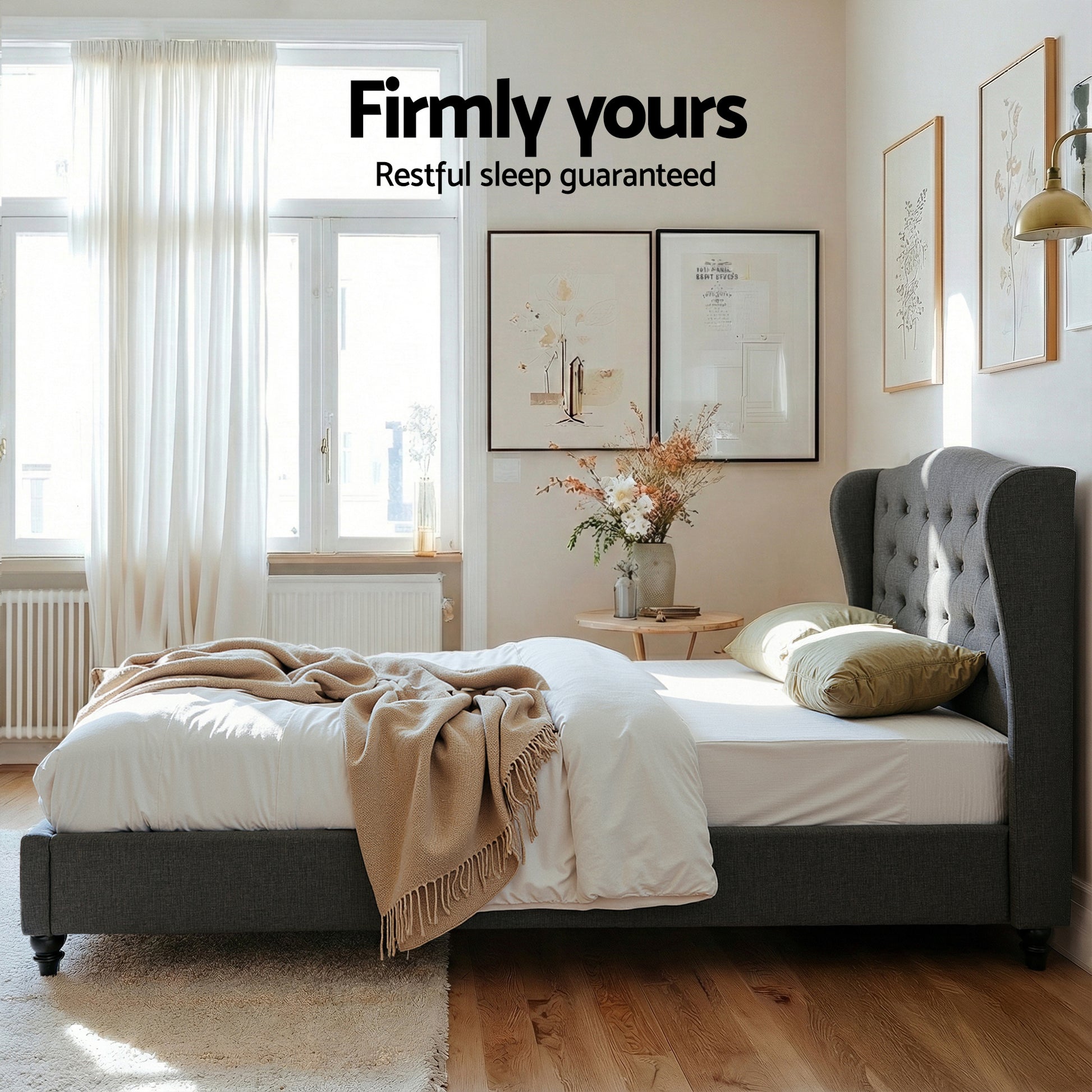 Artiss Double Bed Frame with Wingback Headboard Grey Linen Upholstered Platform Bed Base-5