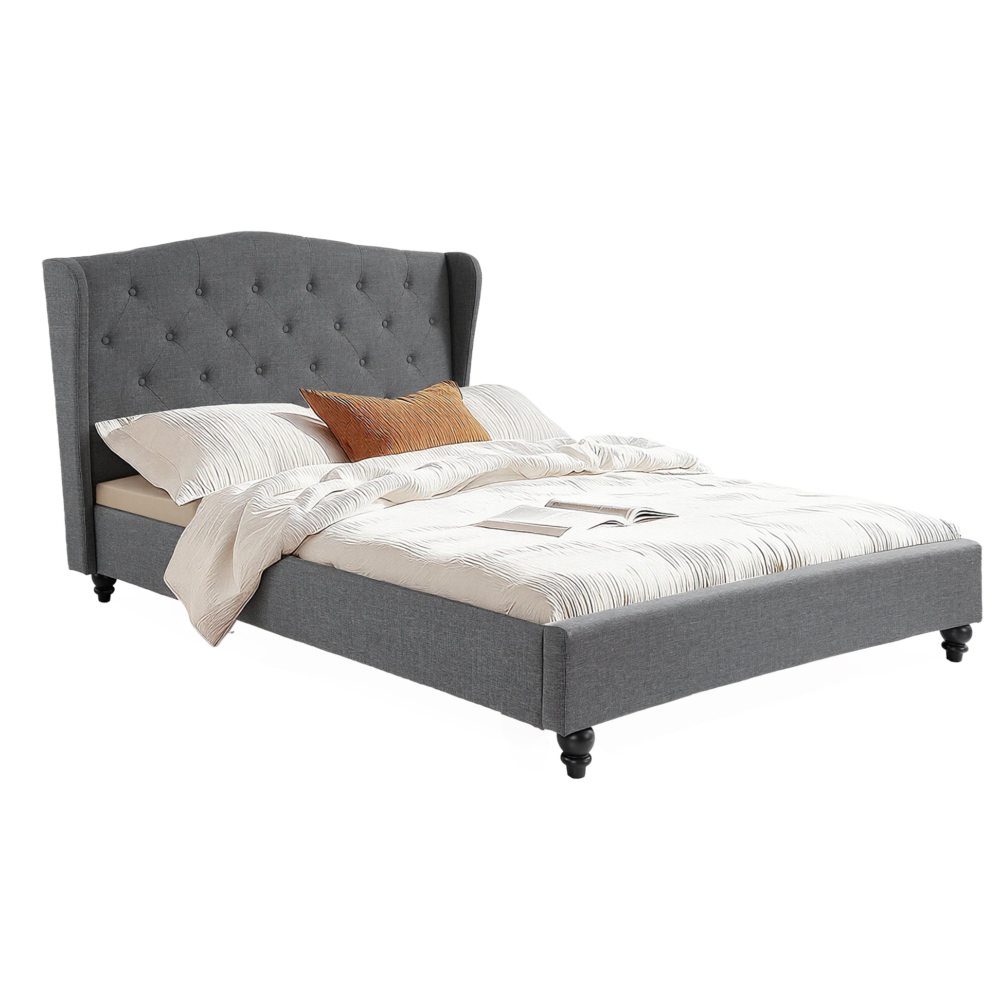 Artiss Double Bed Frame with Wingback Headboard Grey Linen Upholstered Platform Bed Base-6