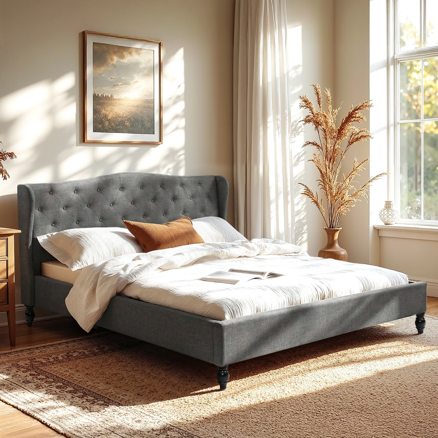 Artiss King Bed Frame with Wingback Headboard Grey Linen Upholstered Platform Bed Base-0