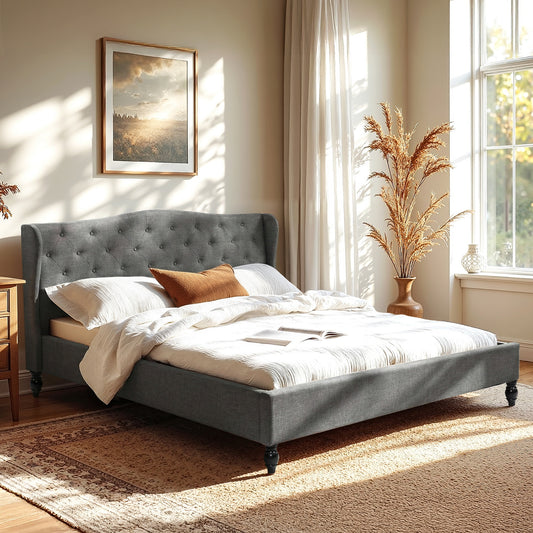 Artiss King Bed Frame with Wingback Headboard Grey Linen Upholstered Platform Bed Base-0