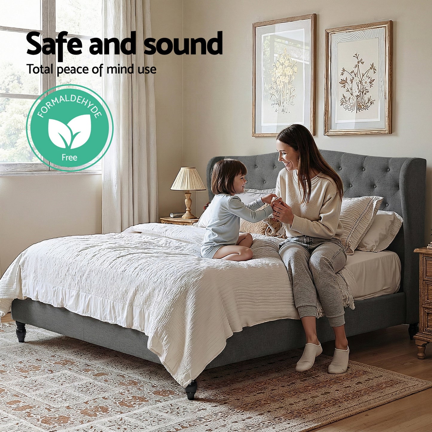 Artiss King Bed Frame with Wingback Headboard Grey Linen Upholstered Platform Bed Base-4