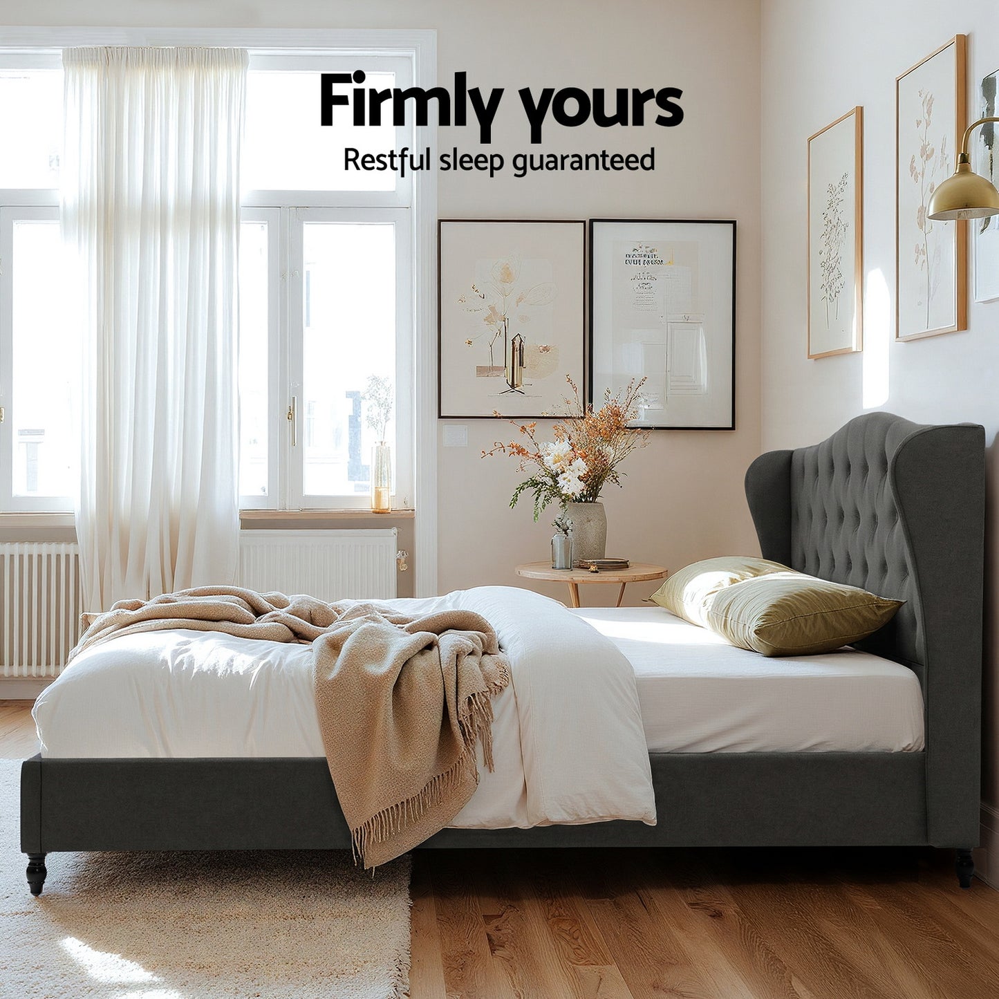 Artiss King Bed Frame with Wingback Headboard Grey Linen Upholstered Platform Bed Base-5