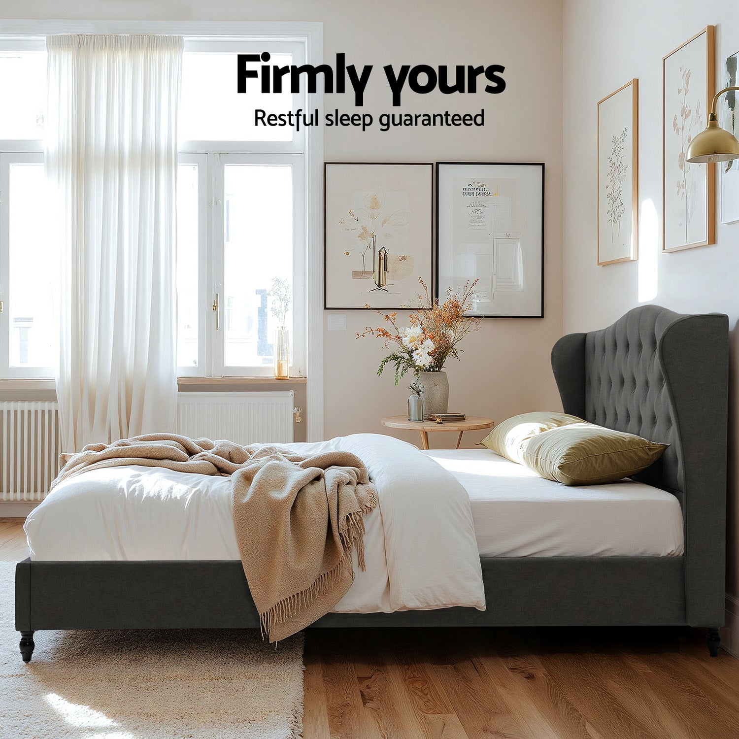 Artiss King Bed Frame with Wingback Headboard Grey Linen Upholstered Platform Bed Base-5