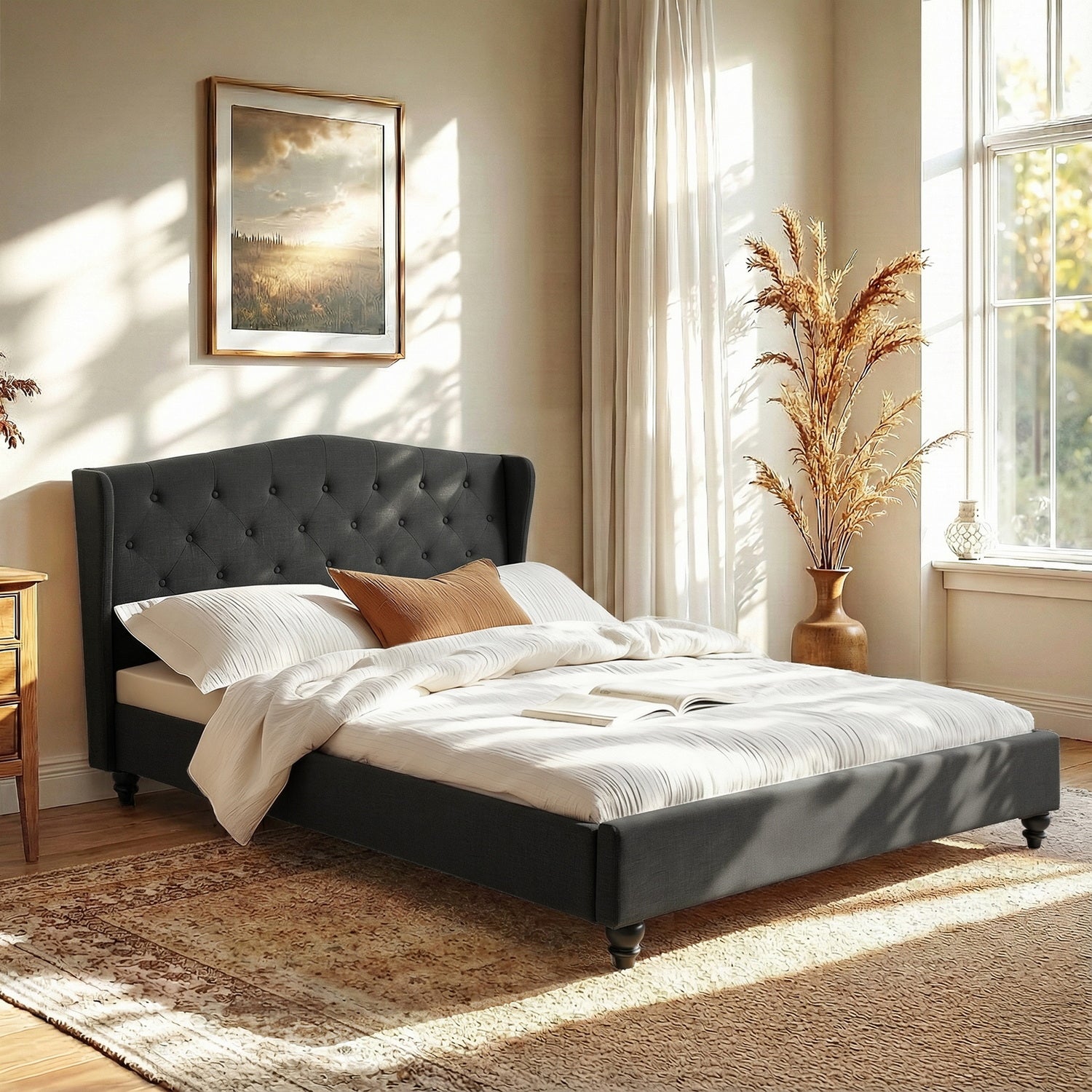 Artiss Queen Bed Frame Wingback Headboard Charcoal Grey Linen Upholstered Platform Bed Base-0