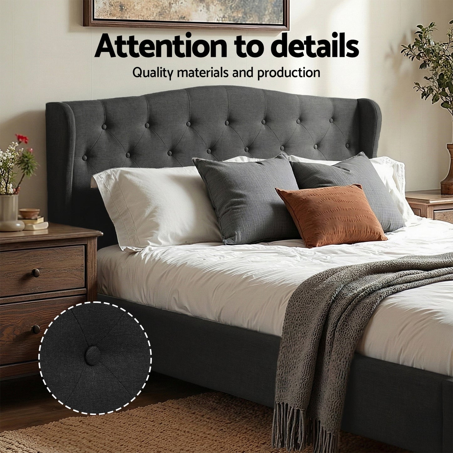 Artiss Queen Bed Frame Wingback Headboard Charcoal Grey Linen Upholstered Platform Bed Base-3