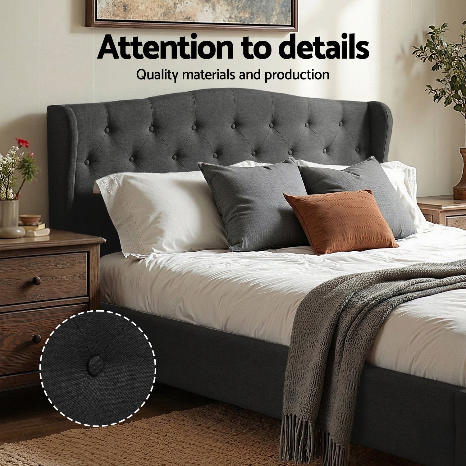 Artiss Queen Bed Frame Wingback Headboard Charcoal Grey Linen Upholstered Platform Bed Base-3