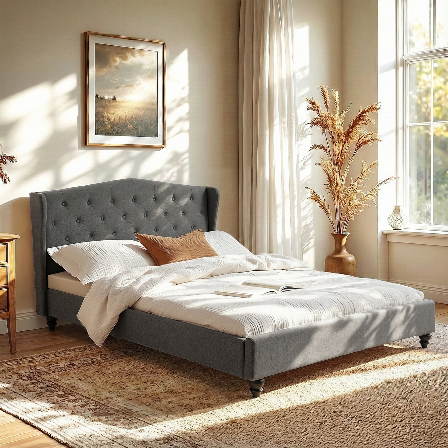 Artiss Queen Bed Frame with Wingback Headboard Grey Linen Upholstered Platform Bed Base-0