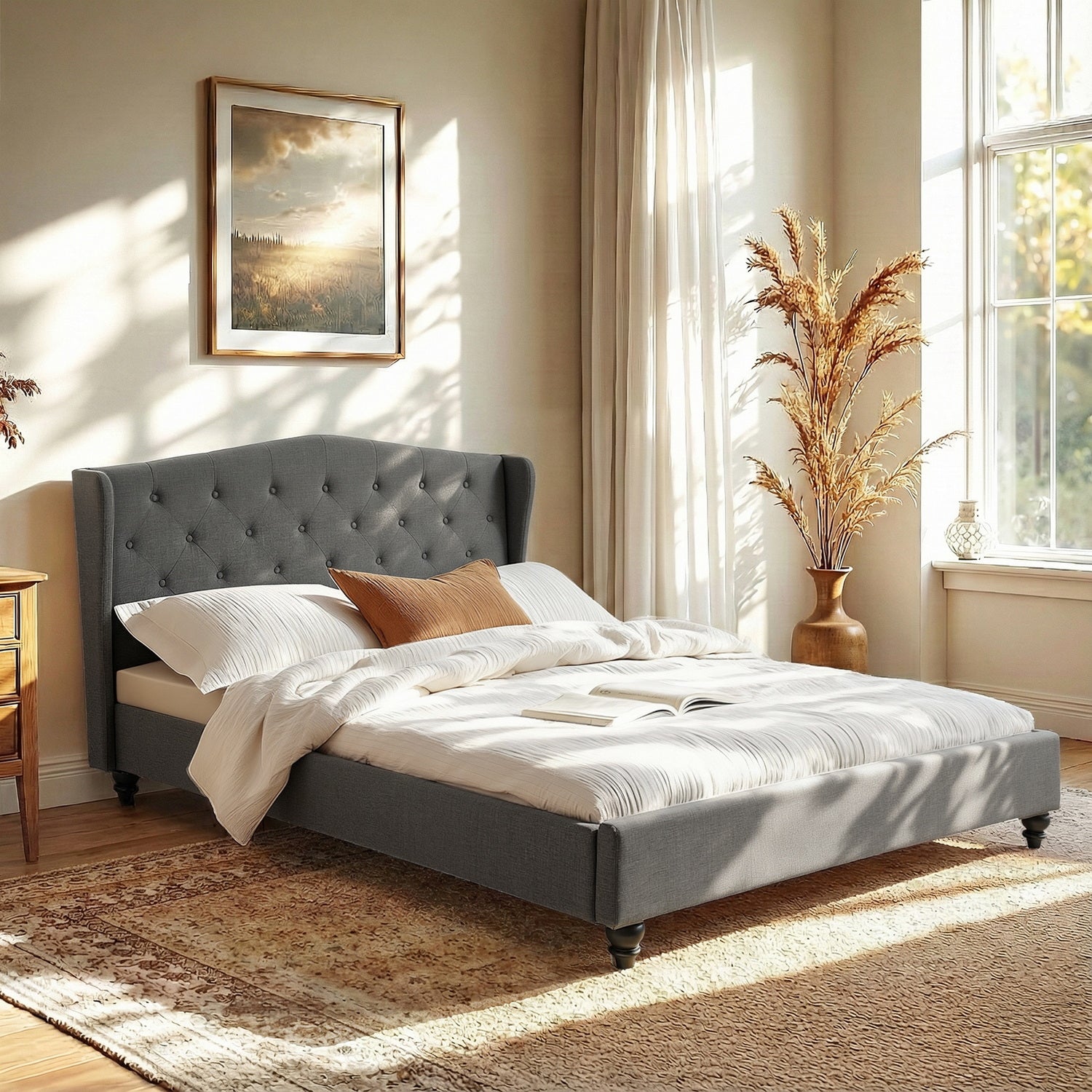 Artiss Queen Bed Frame with Wingback Headboard Grey Linen Upholstered Platform Bed Base-0