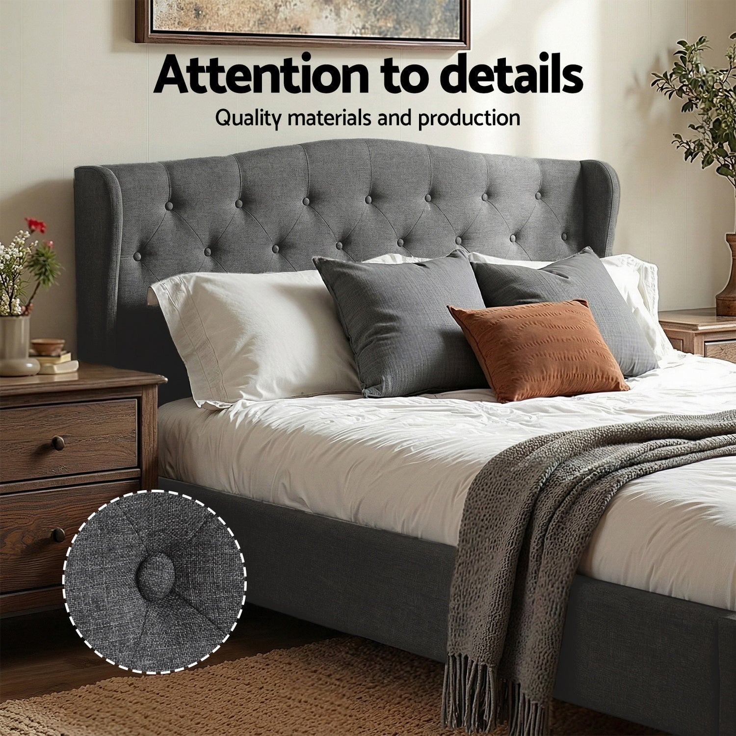 Artiss Queen Bed Frame with Wingback Headboard Grey Linen Upholstered Platform Bed Base-3