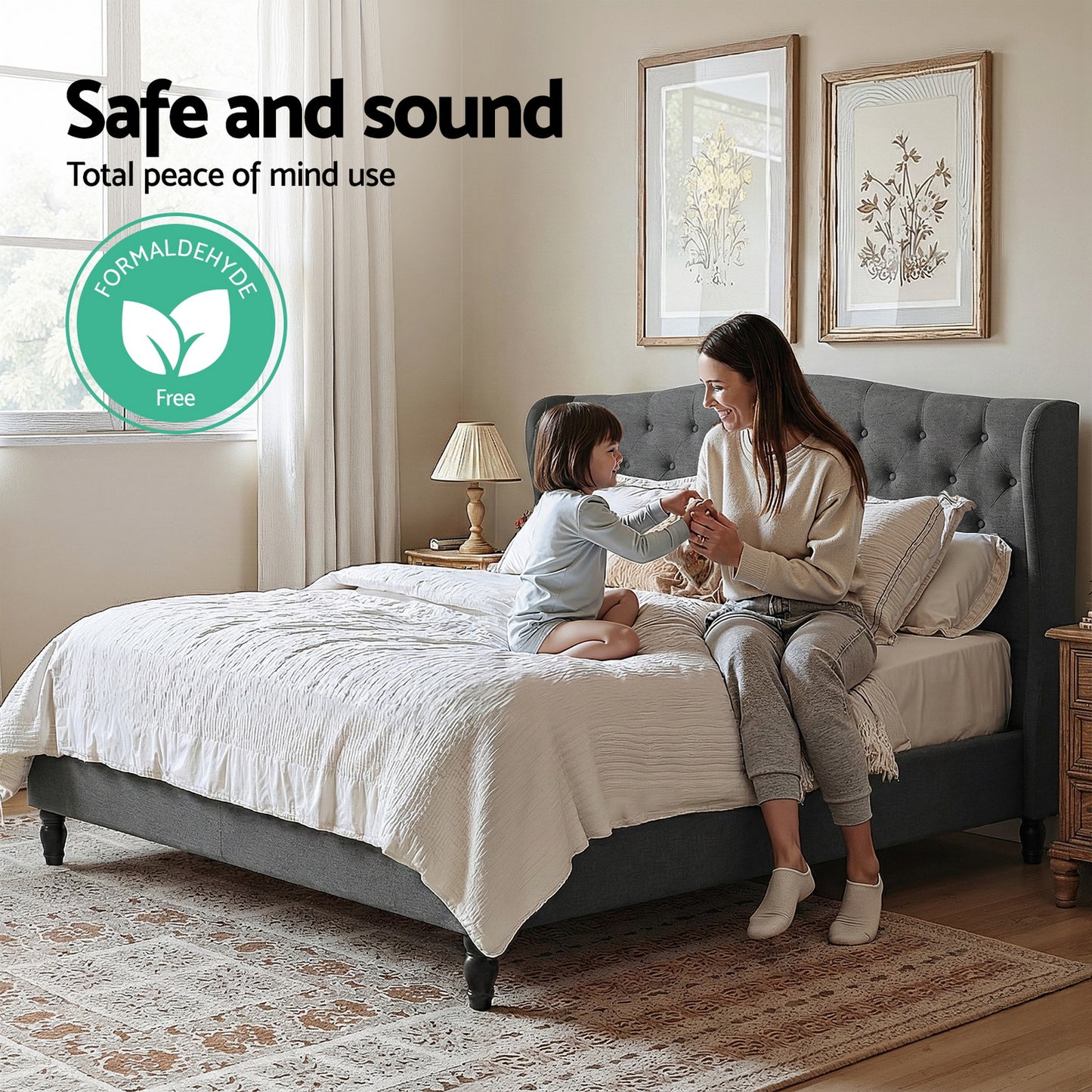 Artiss Queen Bed Frame with Wingback Headboard Grey Linen Upholstered Platform Bed Base-4