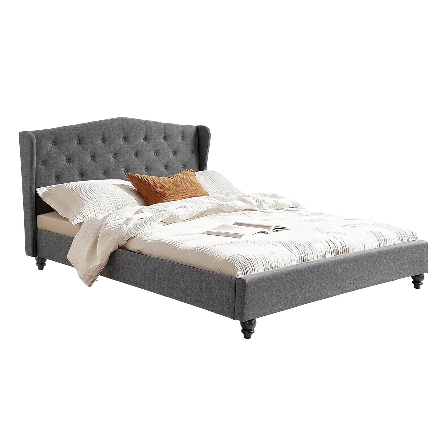 Artiss Queen Bed Frame with Wingback Headboard Grey Linen Upholstered Platform Bed Base-6