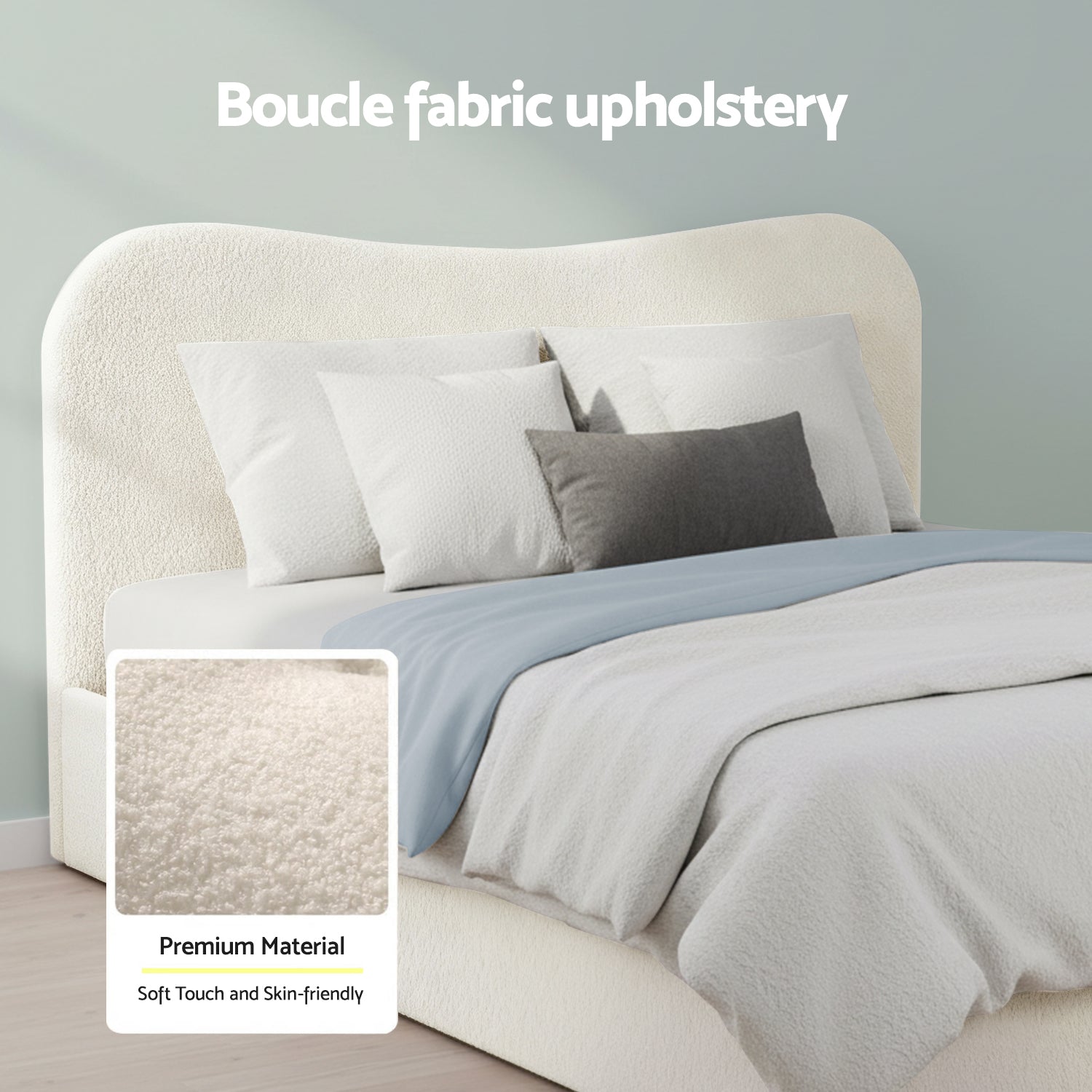 Artiss Double Bed Frame with Gaslift Storage Wooden Platform Mattress Base Boucle Upholstered White-4