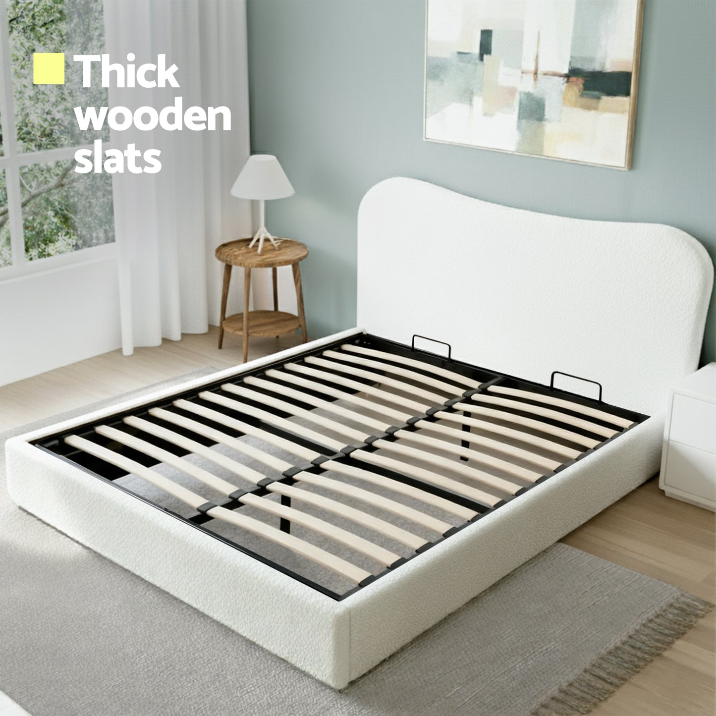 Artiss Double Bed Frame with Gaslift Storage Wooden Platform Mattress Base Boucle Upholstered White-5