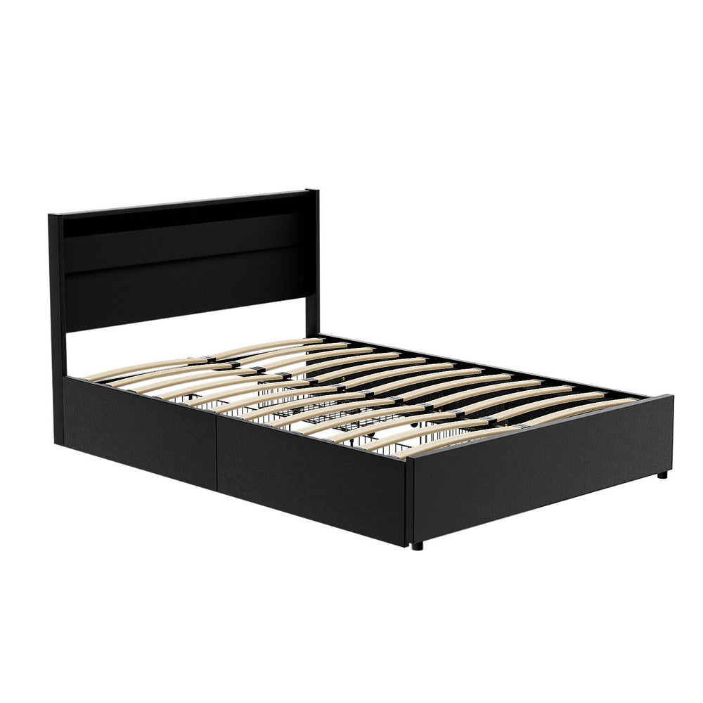 Artiss Bed Frame Double Size LED with 4 Drawers Black DUNN-0