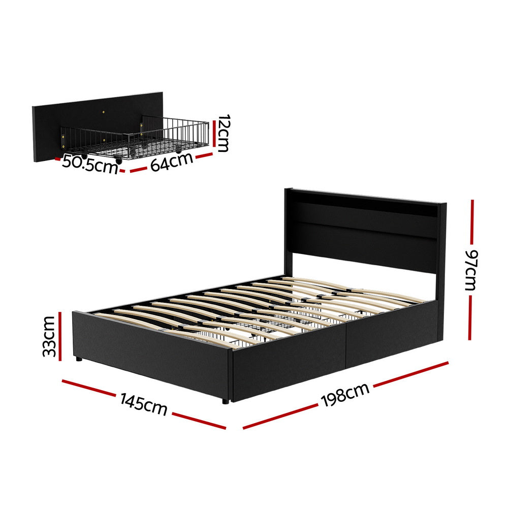 Artiss Bed Frame Double Size LED with 4 Drawers Black DUNN-1