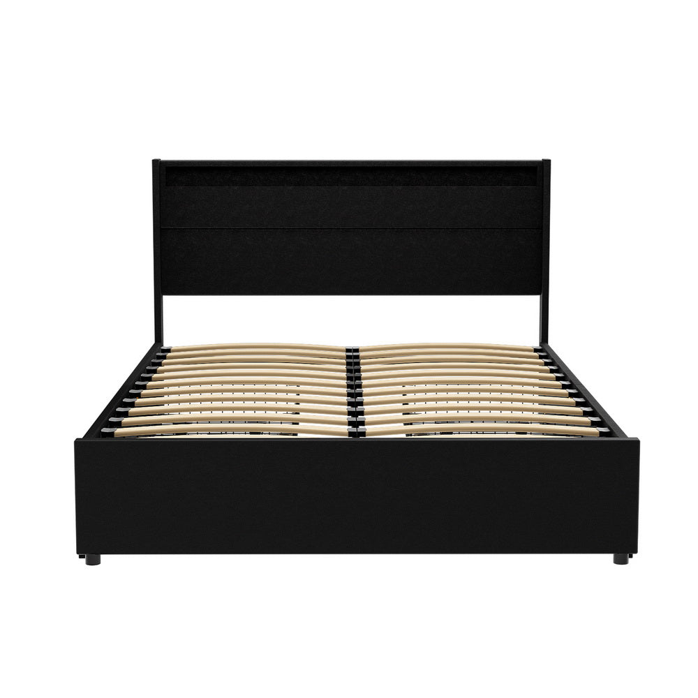 Artiss Bed Frame Double Size LED with 4 Drawers Black DUNN-2