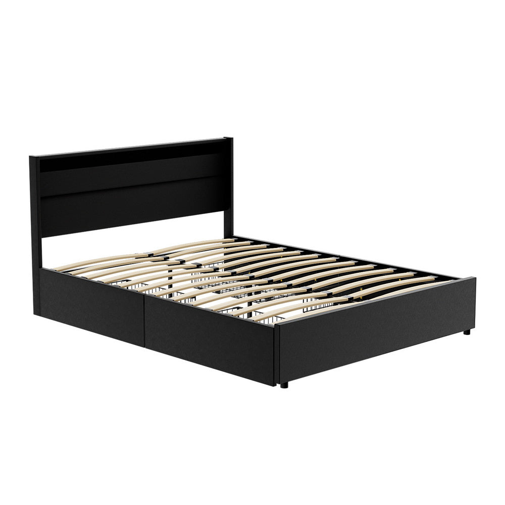 Artiss Bed Frame Queen Size LED with 4 Drawers Black DUNN-0