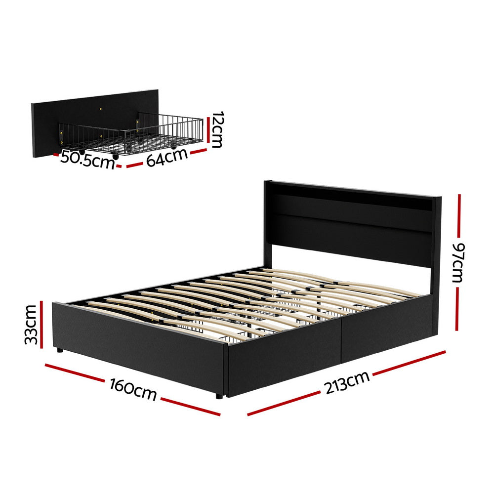 Artiss Bed Frame Queen Size LED with 4 Drawers Black DUNN-1