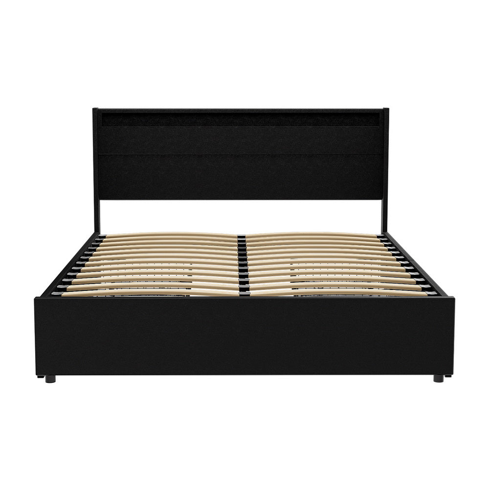 Artiss Bed Frame Queen Size LED with 4 Drawers Black DUNN-2