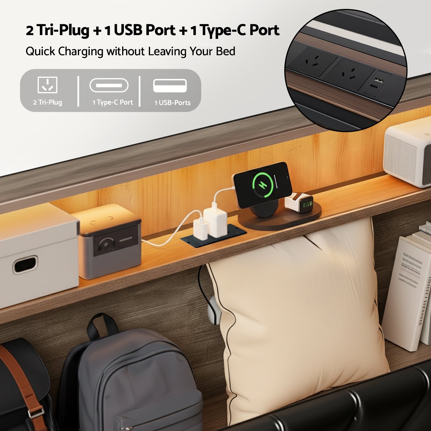 Artiss Double Bed Frame LED Storage Headboard with Charging Station Black-2