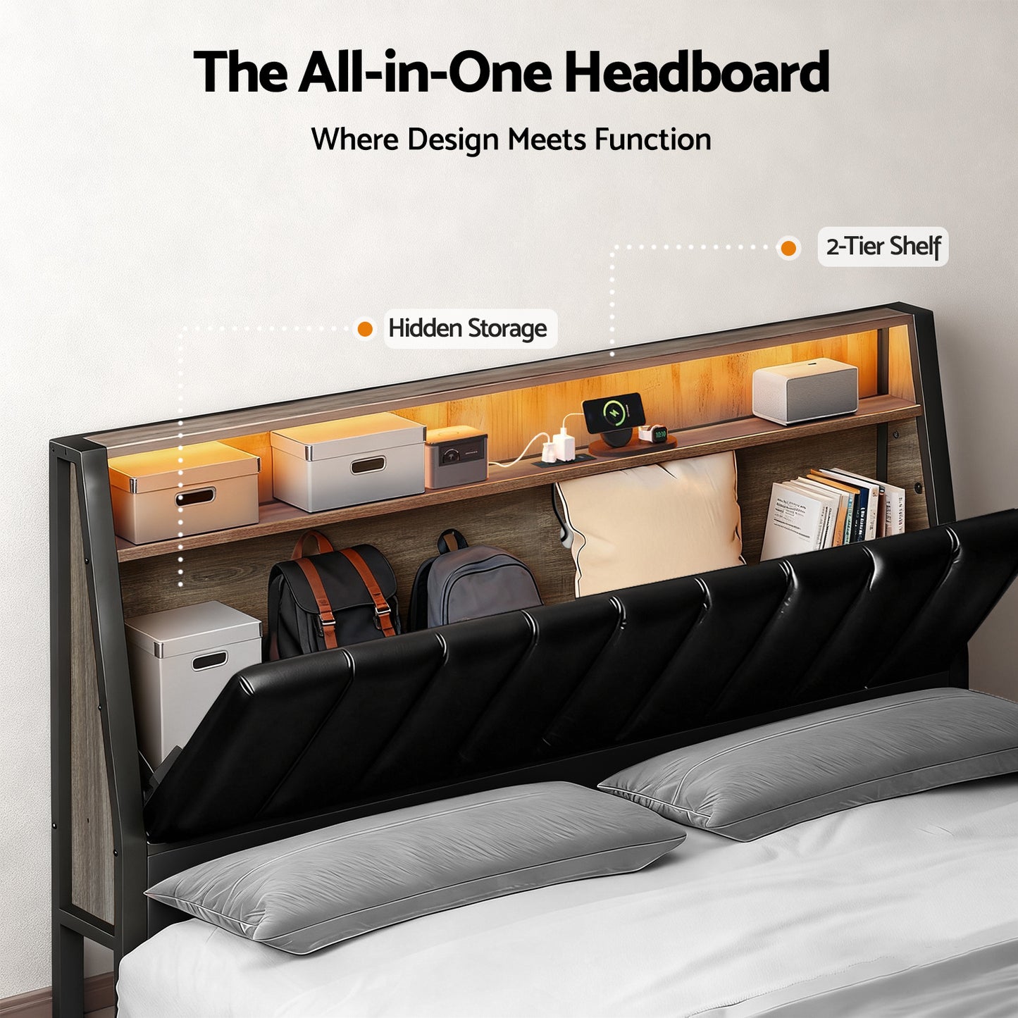 Artiss Double Bed Frame LED Storage Headboard with Charging Station Black-3