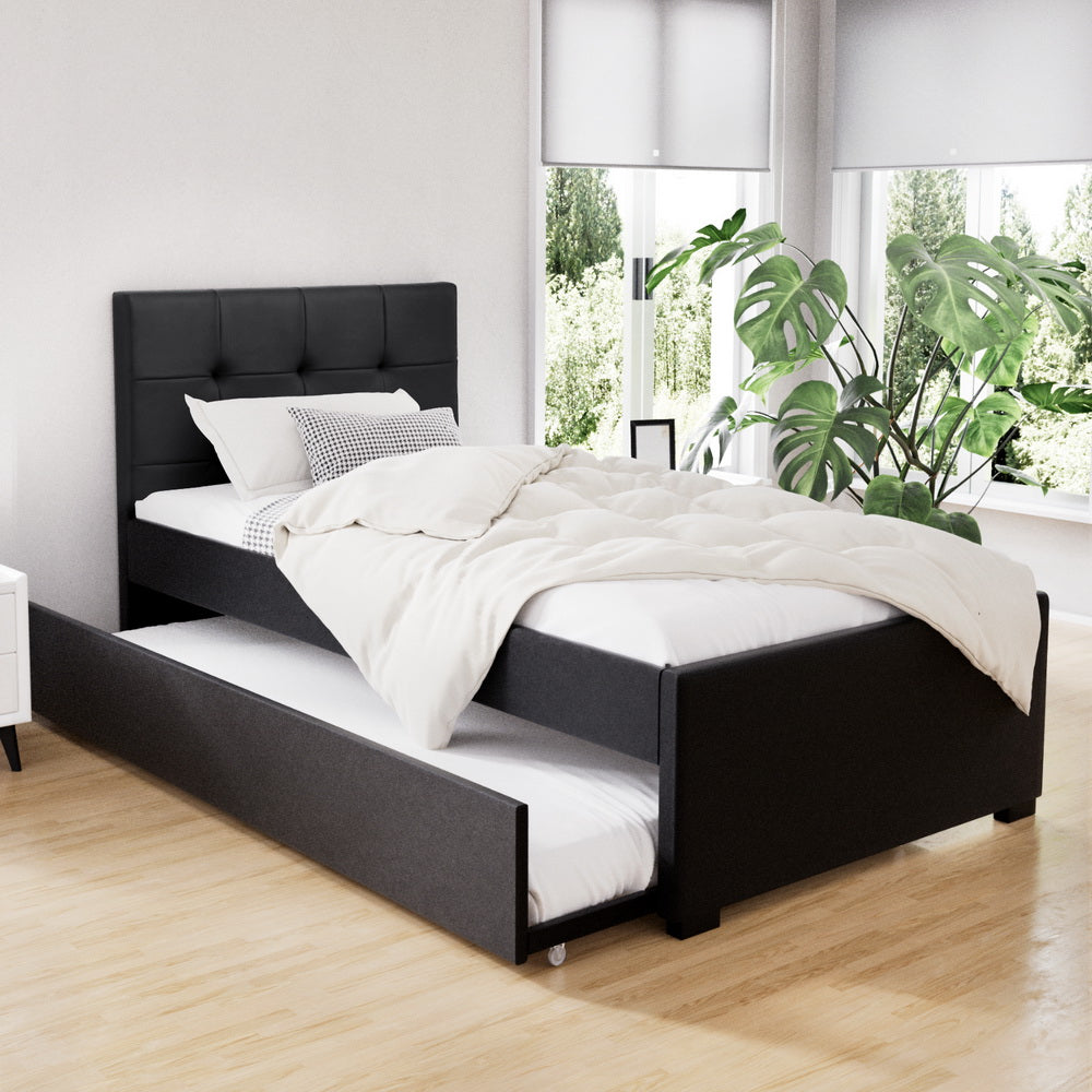 Artiss Bed Frame King Single Size Trundle Daybed Black-6