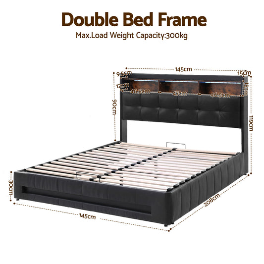 Artiss Double Bed Frame with Gas Lift Storage LED Lights Charging Station Headboard with Open Shelf