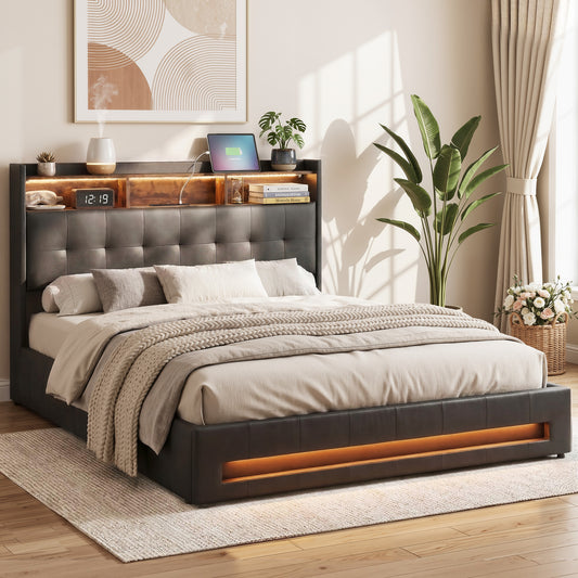 Artiss Queen Bed Frame with Gas Lift Storage LED Lights Charging Station Headboard with Open Shelf