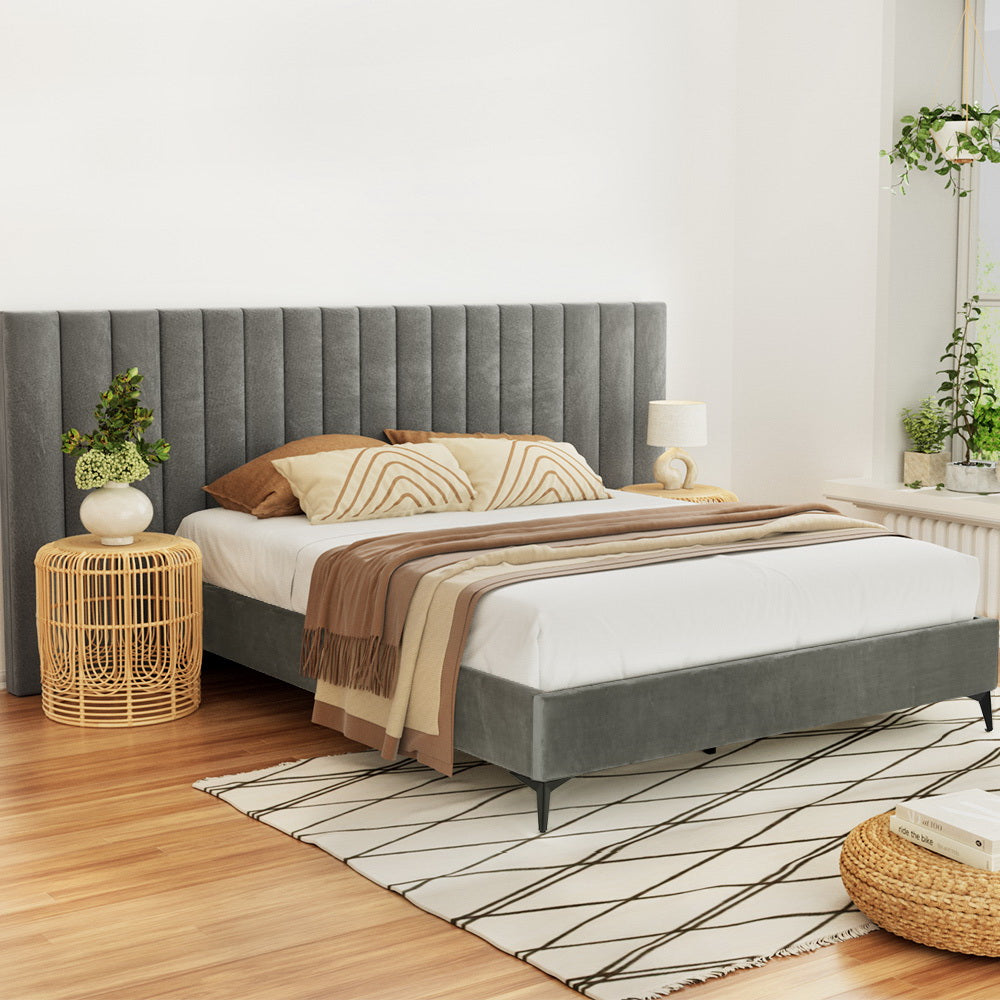 Artiss Bed Frame Queen Size Velvet Grey LOTT-6